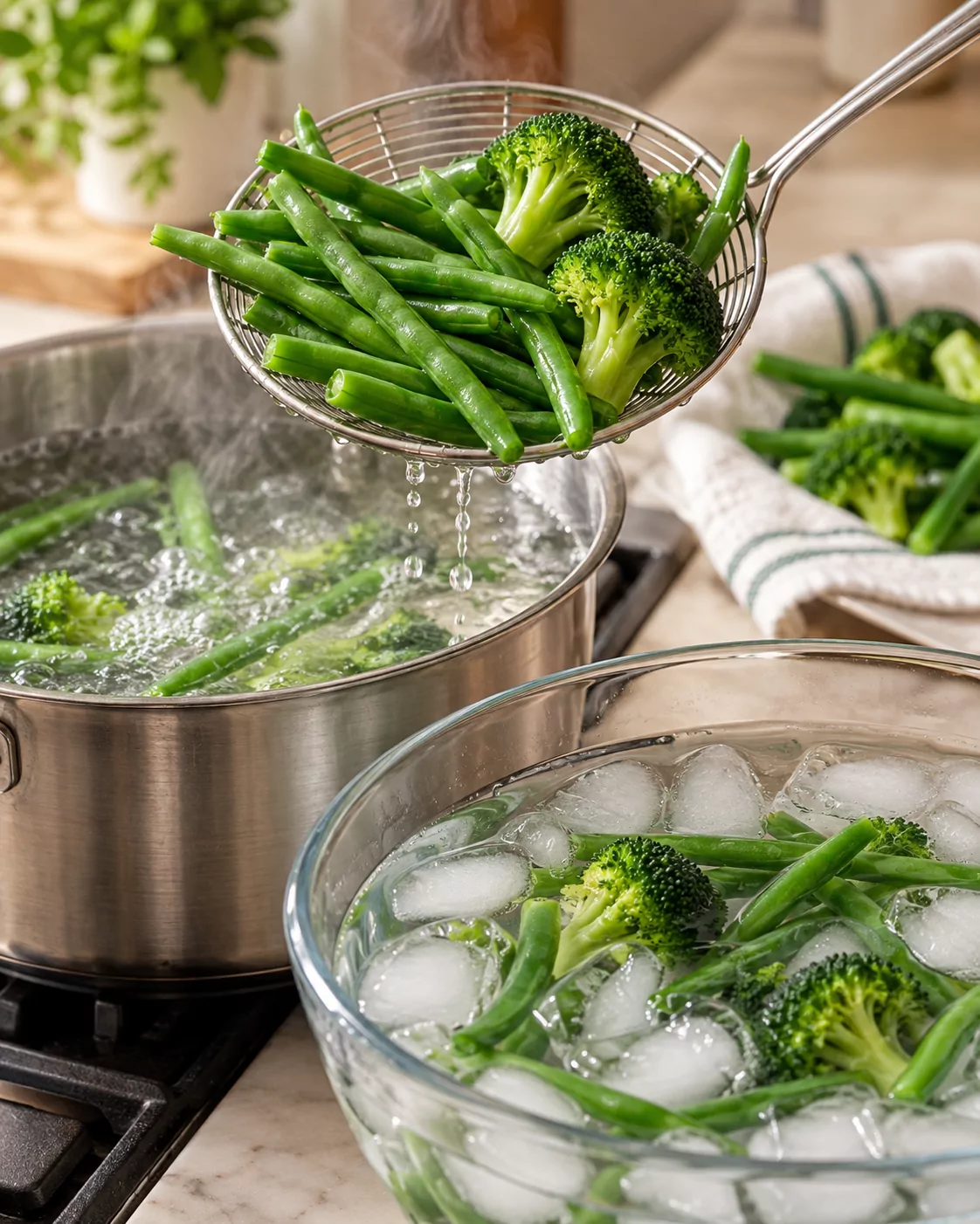 Green beans and broccoli lifted from boiling water beside an ice bath
