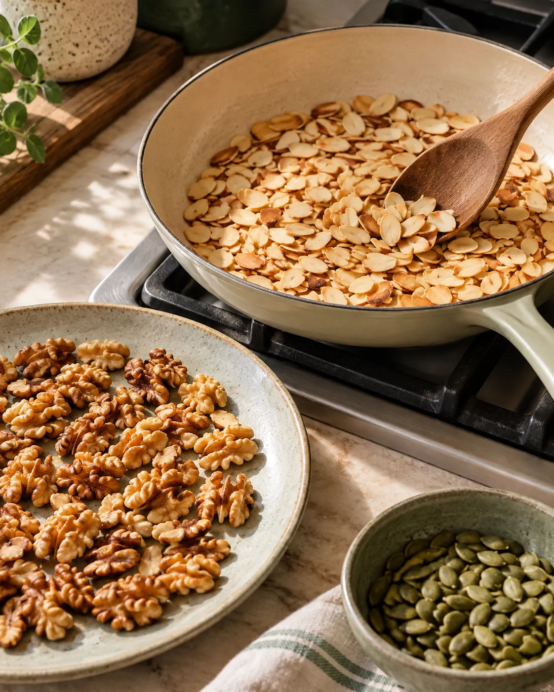 Sliced almonds toasting in a skillet beside separate batches of walnuts and pumpkin seeds