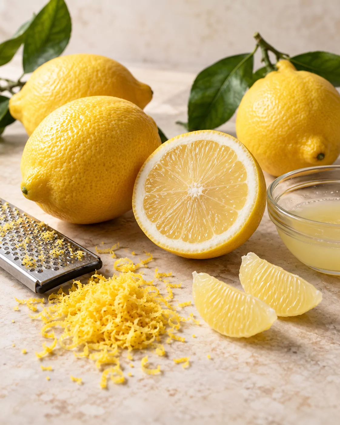 Whole and cut lemons with zest, juice and peeled segments