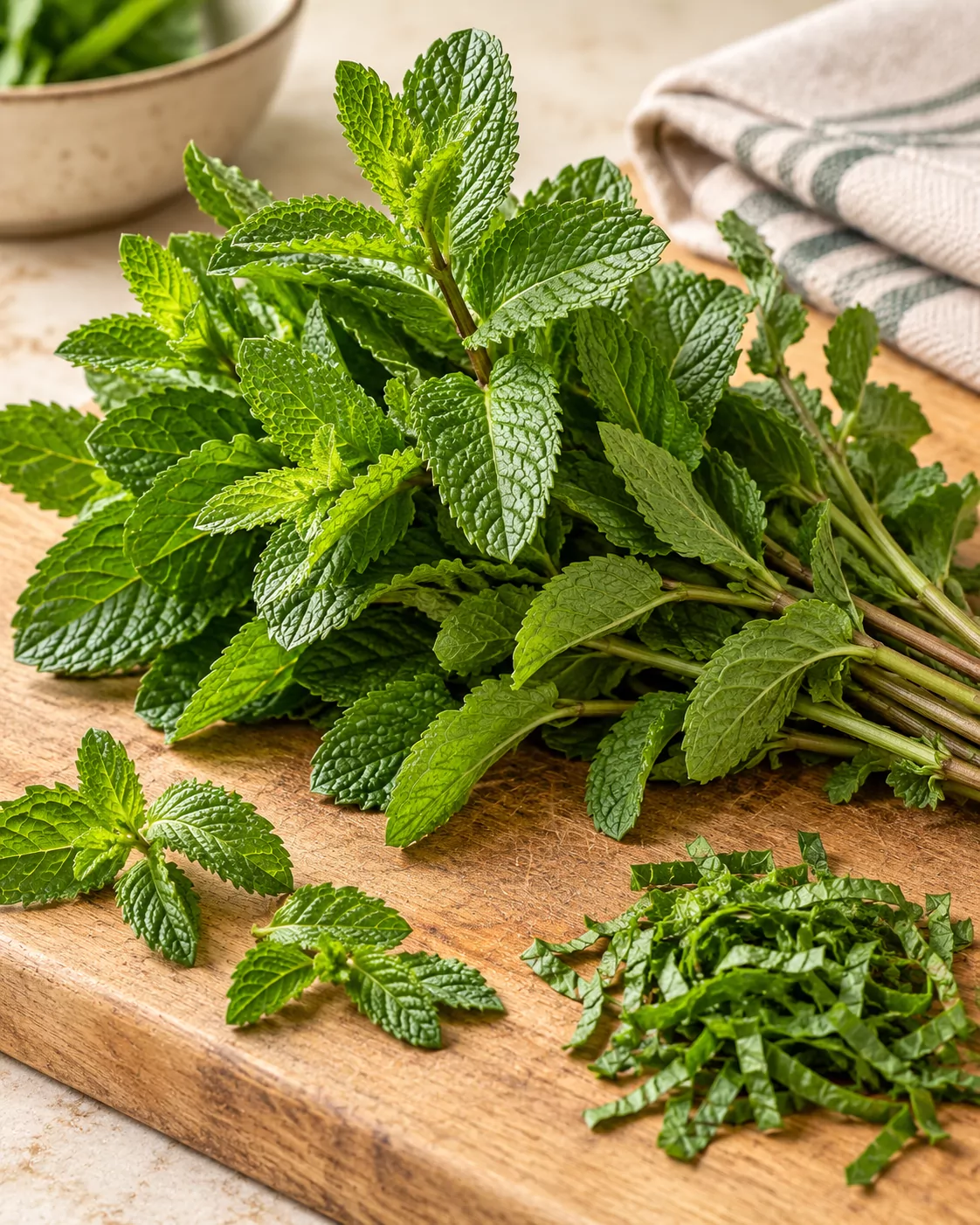Fresh mint leaves and stems beside a small pile of sliced mint